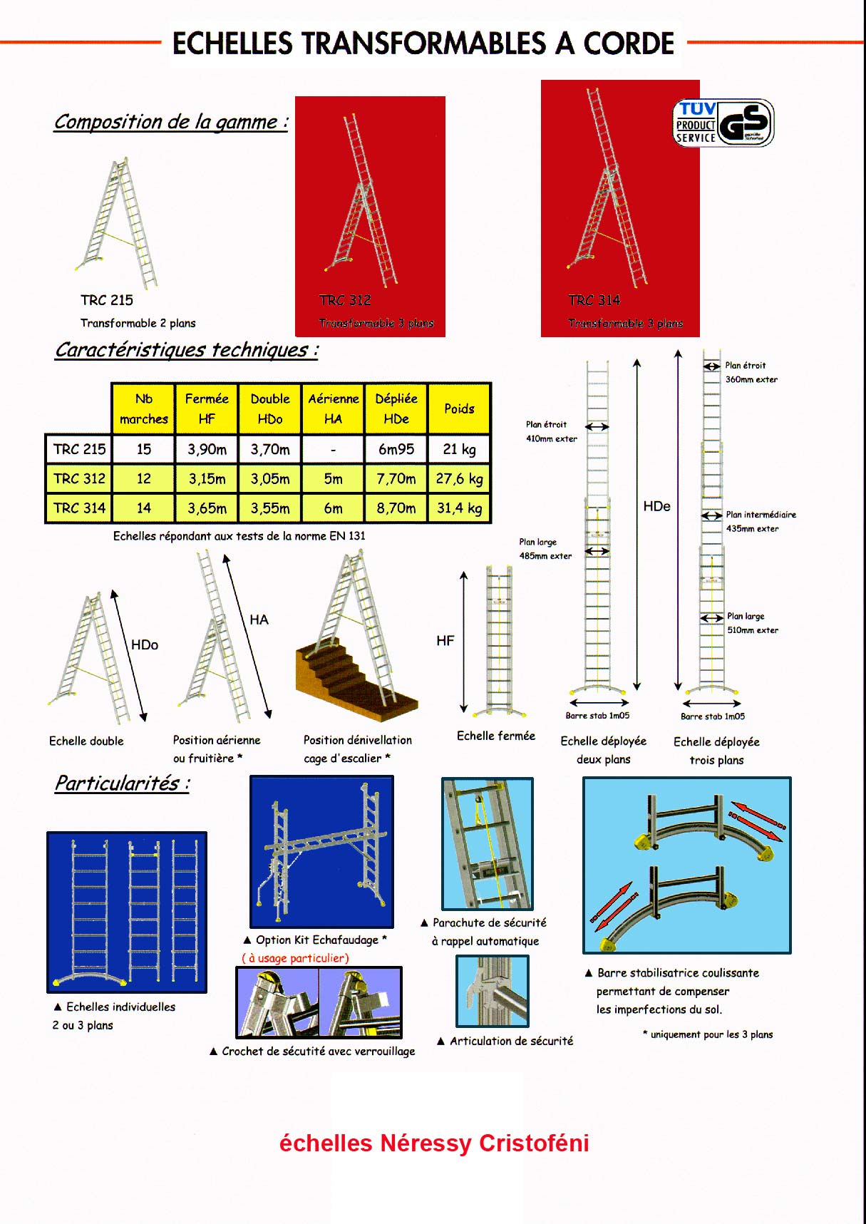 echelle transformable et coulisse  trois 3 plans aluminium de 2 mtres, 3 m,4 m, 5 m, 6 m, 7 m, 8 m, 9 m