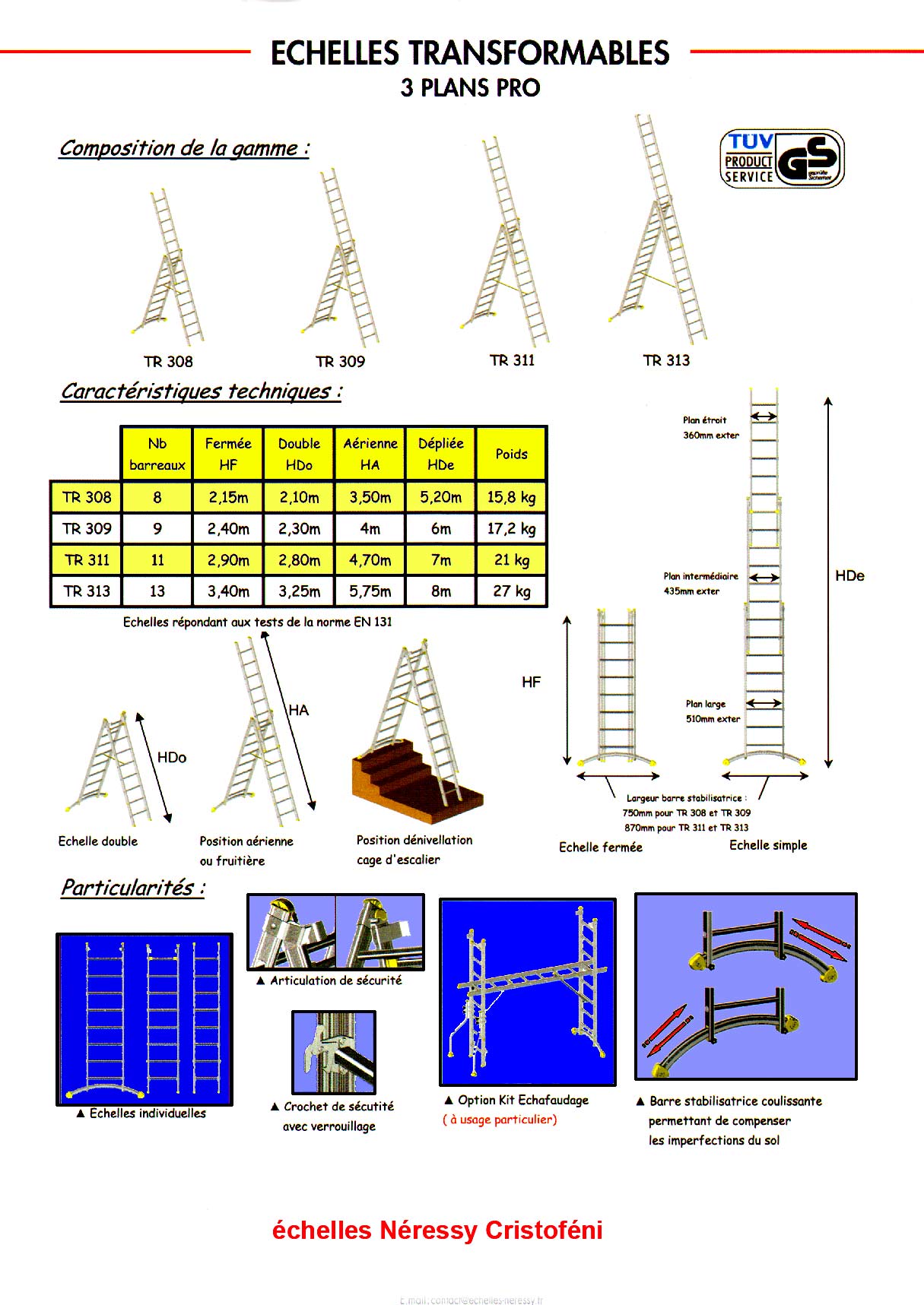 echelle transformable trois 3 plans aluminium de 2 mtres, 3 m,4 m, 5 m, 6 m, 7 m, 8 m, 9 m,